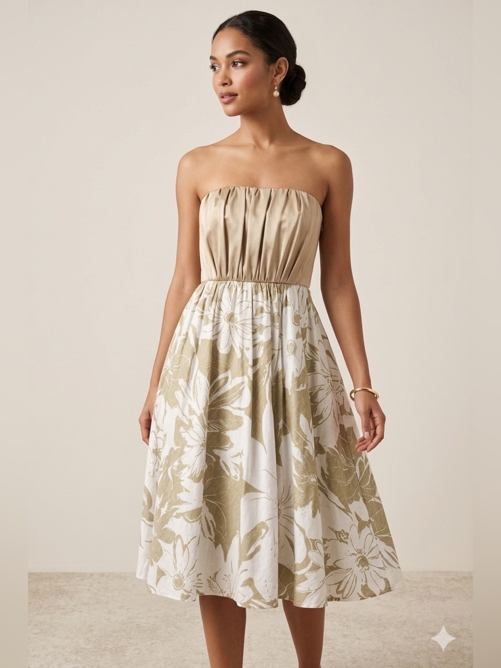 Darlin Strapless Floral Fit & Flare Mini Dress - Tan/Champagne & White